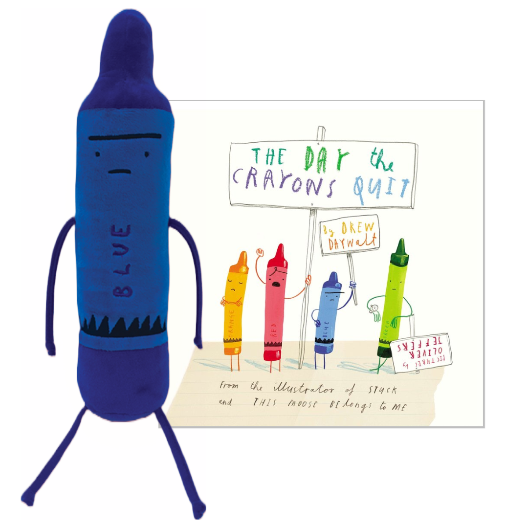 A plush toy shaped like a blue crayon with a sad face and the word 'BLUE' on its side, standing next to a hand-drawn illustration card titled 'The Day the Crayons Quit'.