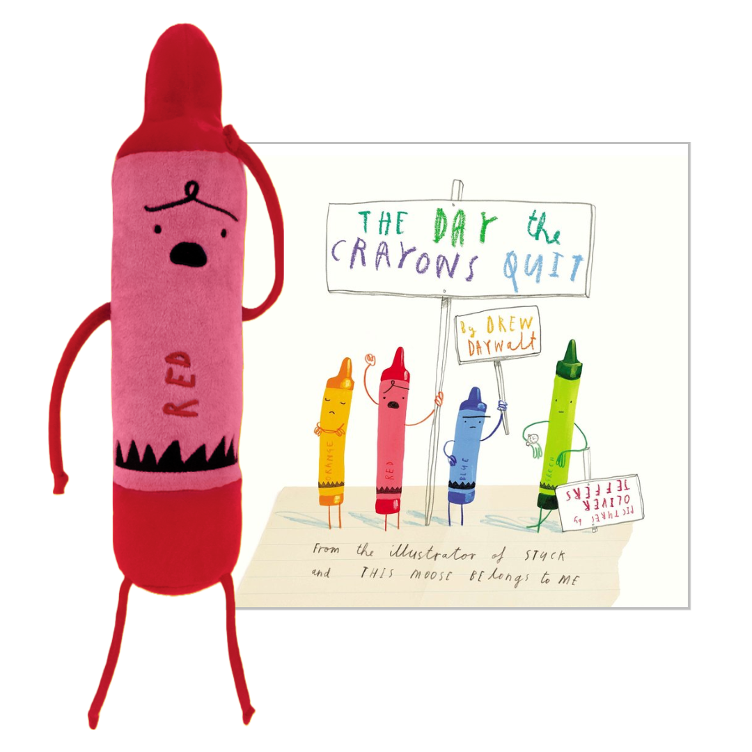 A red and pink plush toy shaped like a crayon character with embroidered facial features.