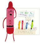 A red and pink plush toy shaped like a crayon character with embroidered facial features.