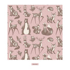 A repeating pattern of whimsical woodland animals including deer, fox, rabbit, owl, bear, and bird motifs in brown and cream on a dusty pink background, with a small label reading 'Baby Rose' below.