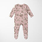 Back view of KicKee Pants baby footie in a light pink color featuring a playful Scandinavian woodland animal print