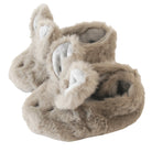 Pair of fluffy animal-themed baby booties on a white background