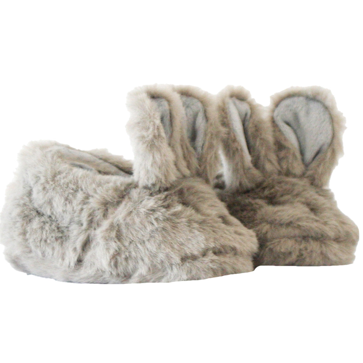 Pair of fluffy slippers with rabbit ears on a white background
