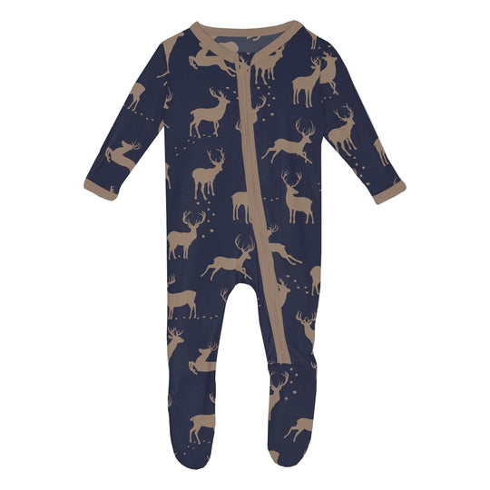 Print Footie with 2 Way Zipper - Peacoat Elk by Kickee Pants