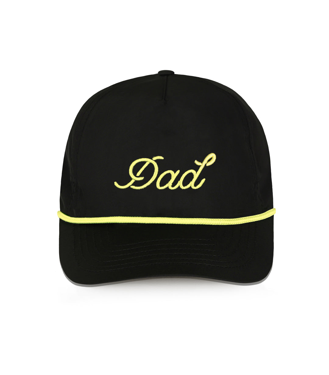 Black cap with 'Dad' embroidered in yellow on a white background