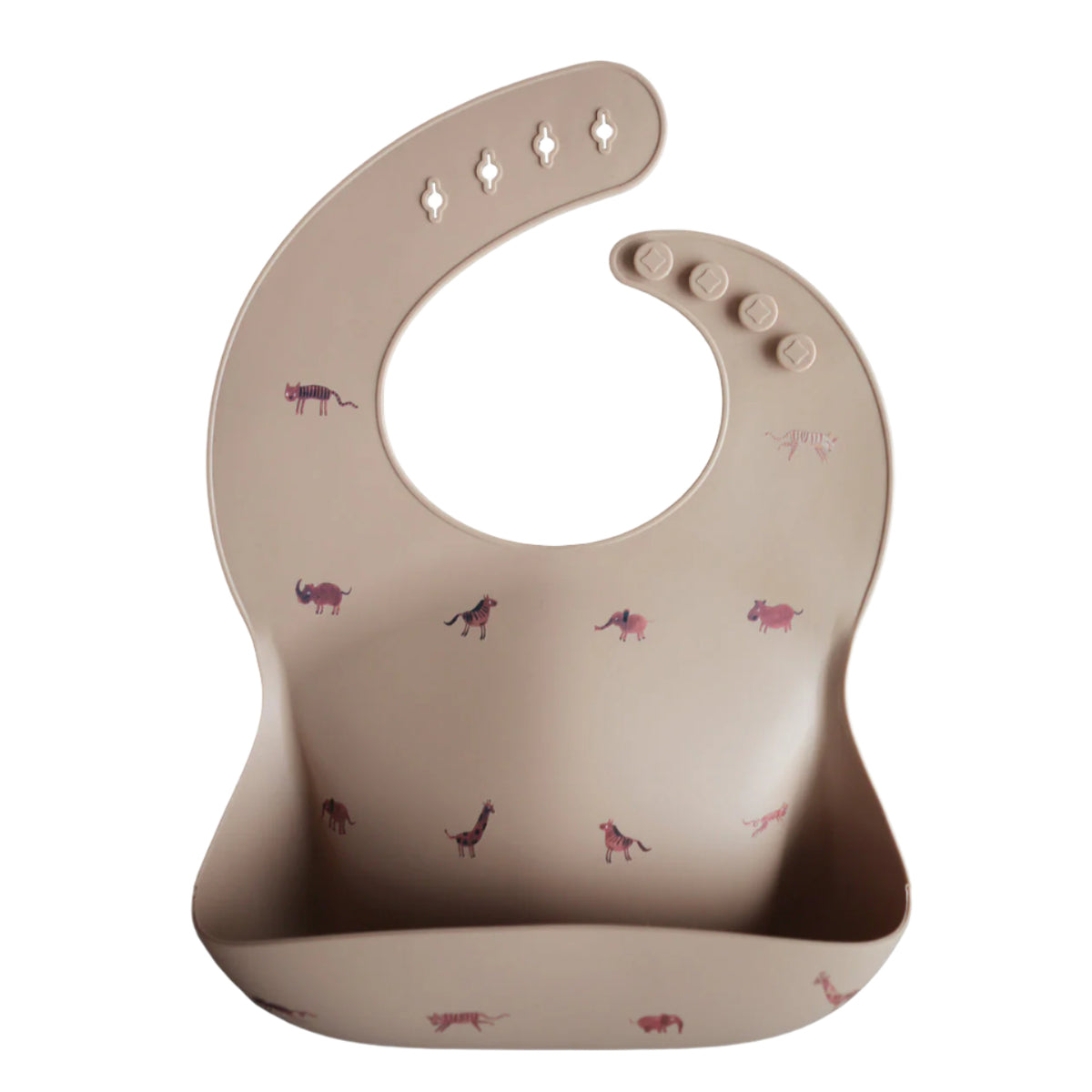 Beige silicone bib with animal prints on a white background