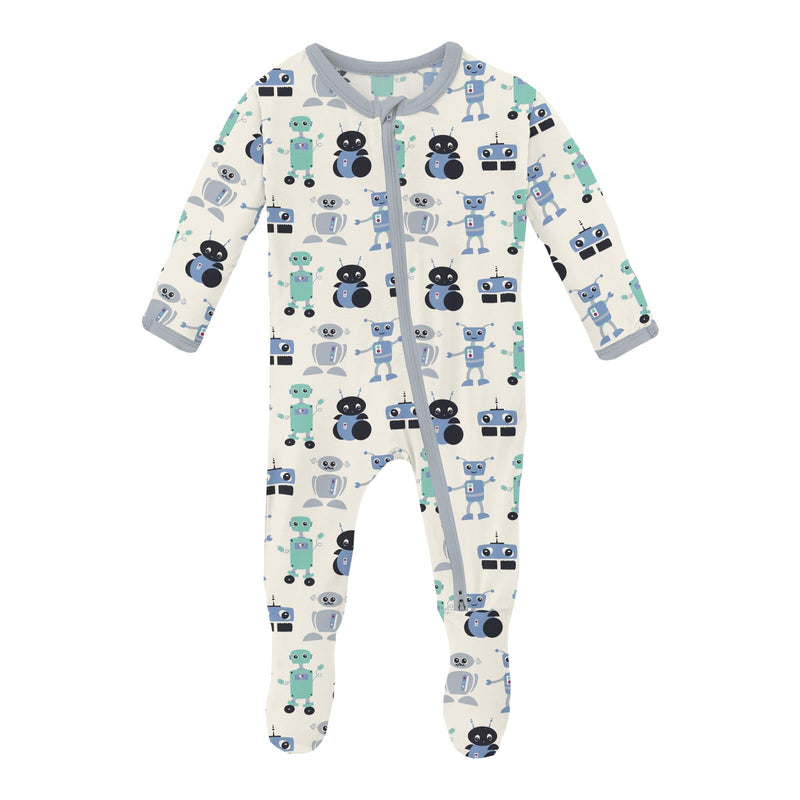 Print Footie with 2 Way Zipper - Natural Robots by Kickee Pants - FINAL SALE