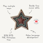 Star-shaped toy with text highlighting its benefits on a white background