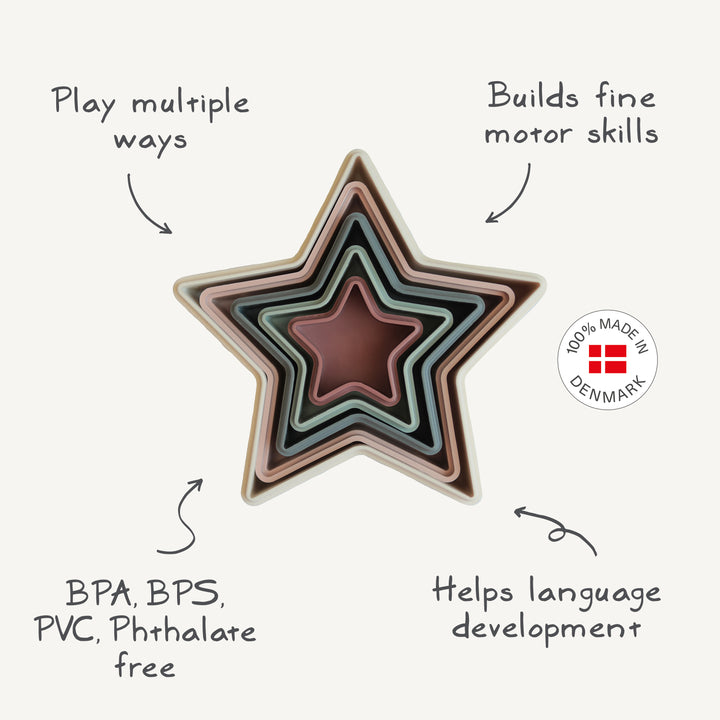 Star-shaped toy with text highlighting its benefits on a white background