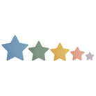 Five star-shaped buttons in blue, green, yellow, pink, and purple on a white background.