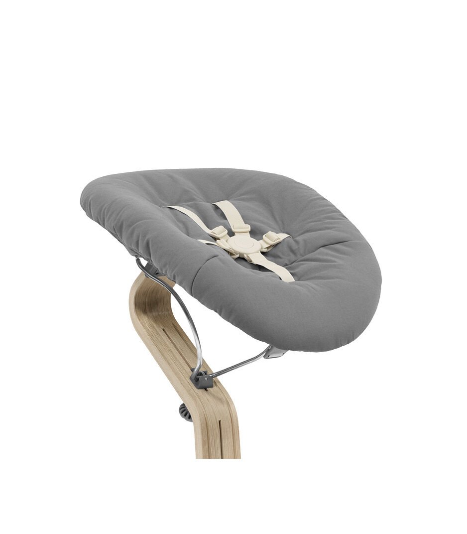 Gray baby bouncer with wooden base on a white background