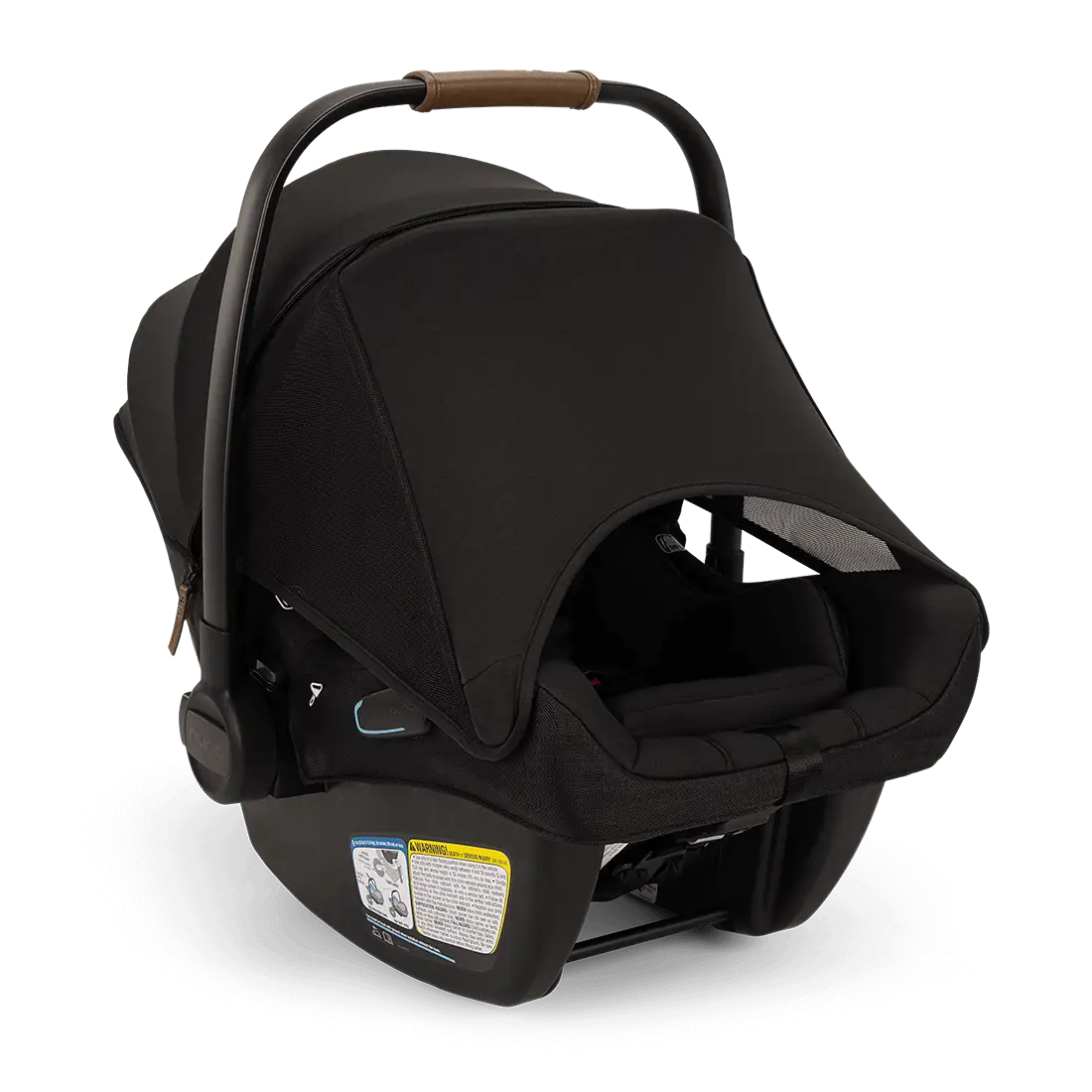 A profile view of a black MIXX Next + Pipa Aire RX Travel System by Nuna infant car seat featuring an exposed aerospace aluminum handle and an extended canopy, set against a checkered transparent background.