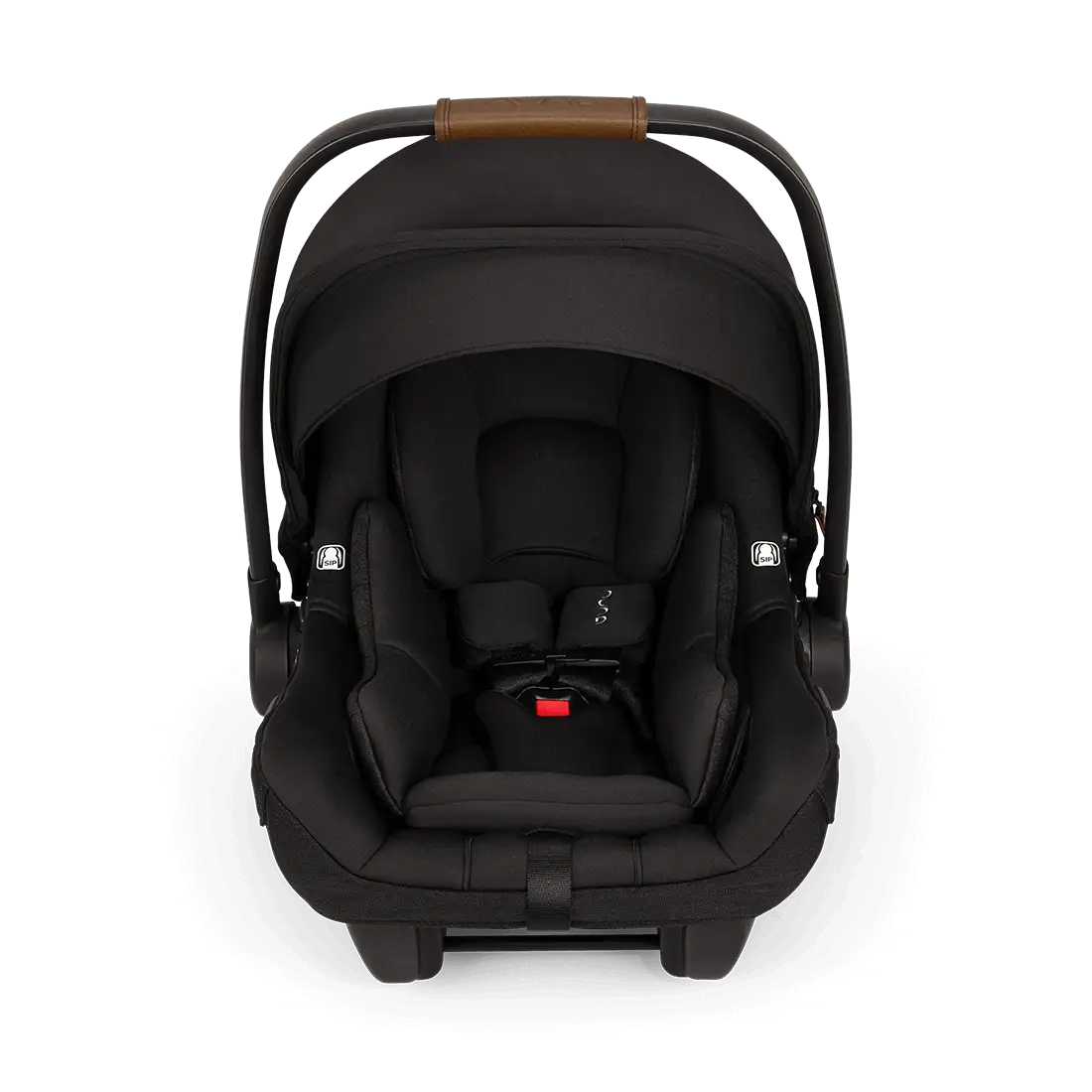 A front view of a black MIXX Next + Pipa Aire RX Travel System by Nuna infant car seat featuring a brown leatherette carry handle and safety harness straps with magnetic buckle holders, set against a checkered transparent background.