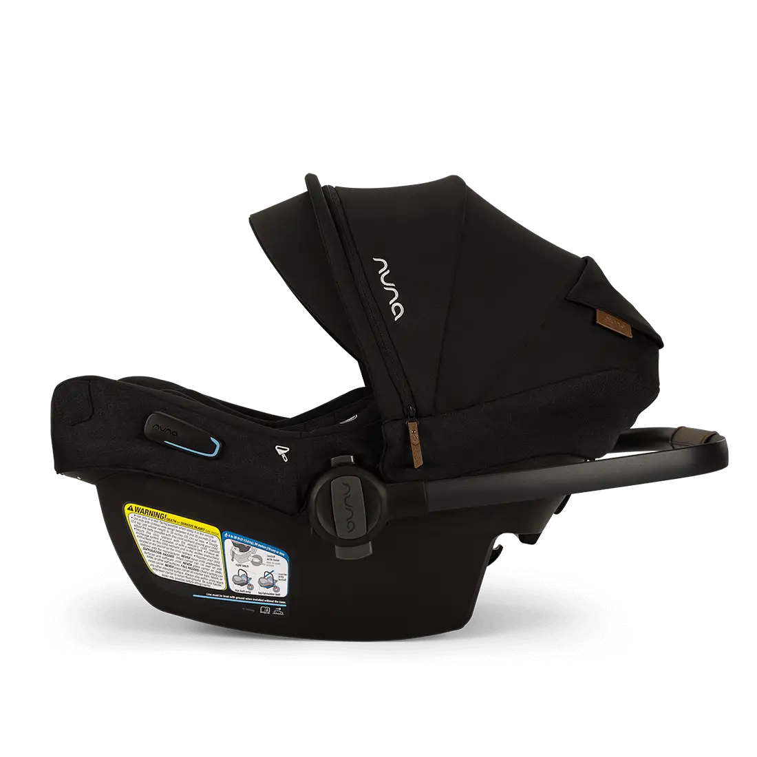 A profile view of a black MIXX Next + Pipa Aire RX Travel System by Nuna infant car seat featuring an exposed aerospace aluminum handle, set against a checkered transparent background.