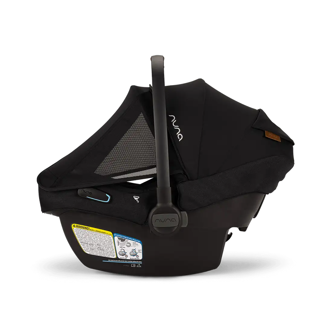 A profile view of a black MIXX Next + Pipa Aire RX Travel System by Nuna infant car seat featuring an exposed aerospace aluminum handle and an extended canopy with a mesh window, set against a checkered transparent background.