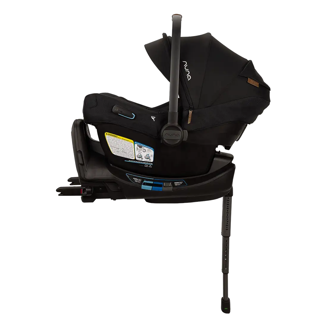 A profile view of a black MIXX Next + Pipa Aire RX Travel System by Nuna infant car seat attached to its base with a load leg, featuring an extended canopy, set against a checkered transparent background.