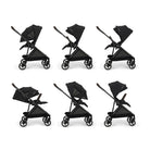Black stroller shown from multiple angles on a white background