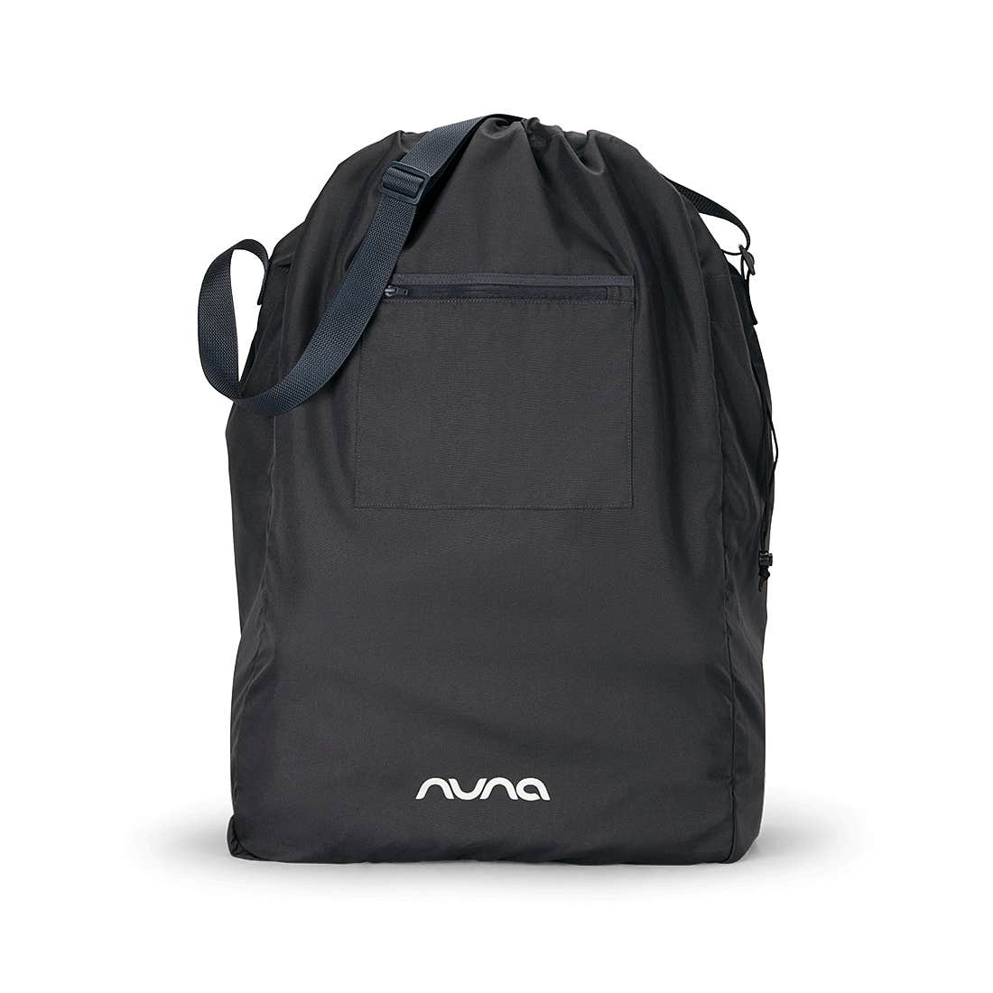 Black drawstring bag with Nuna logo on a white background