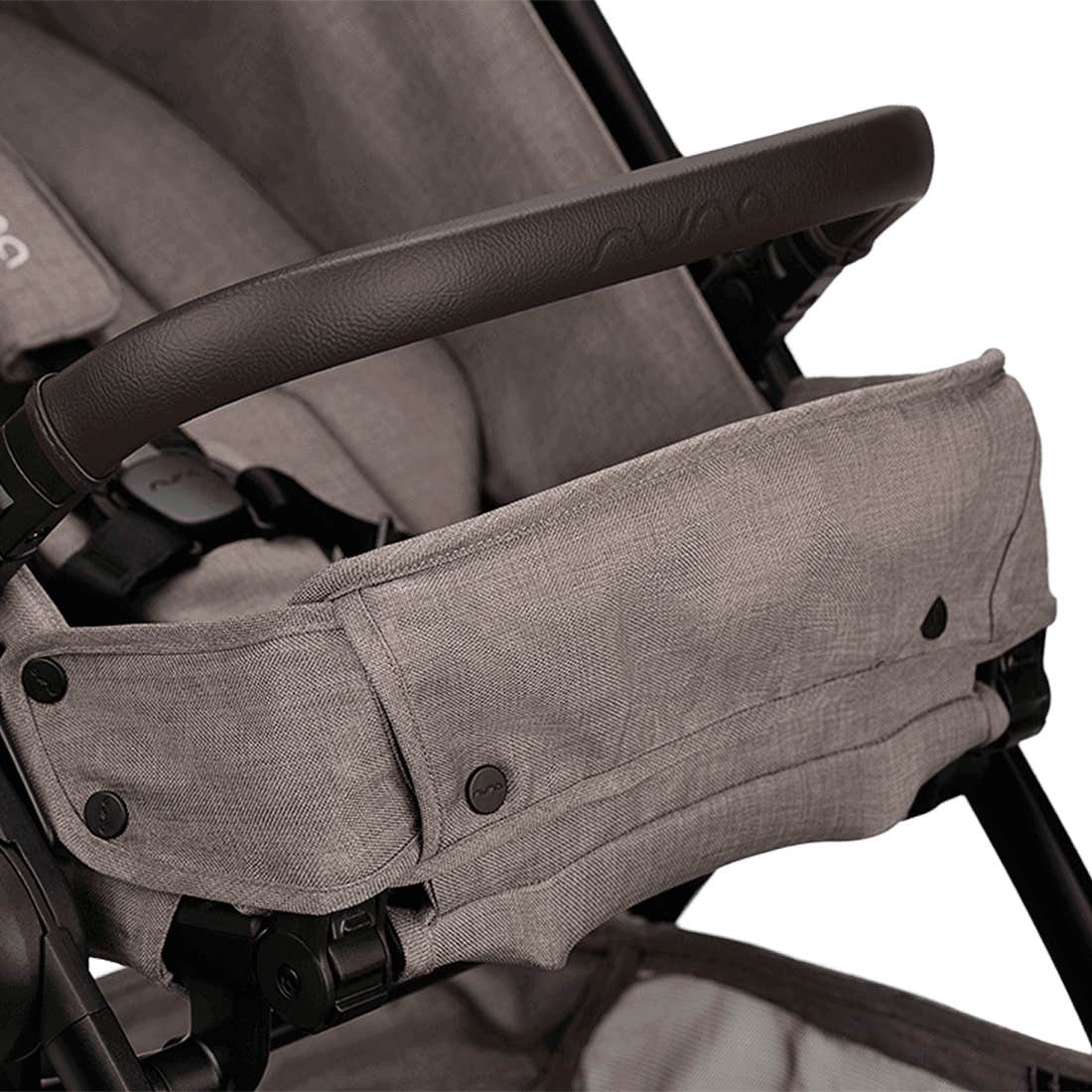 Close-up of a gray stroller with a side pocket on a white background