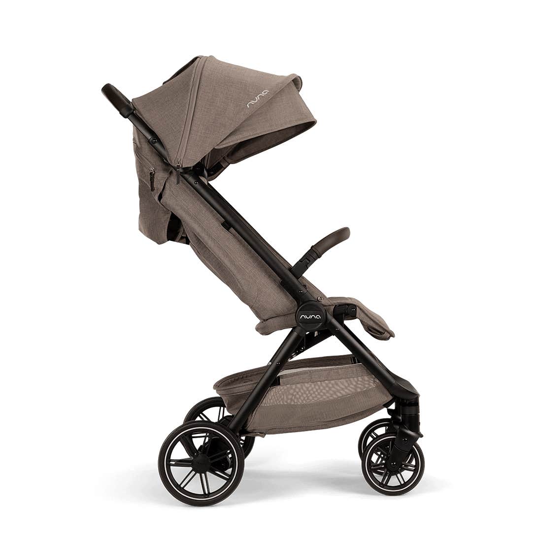 Brown stroller with canopy on a white background