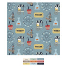Ferris wheel, ticket booth, and apple candy pattern on a blue background