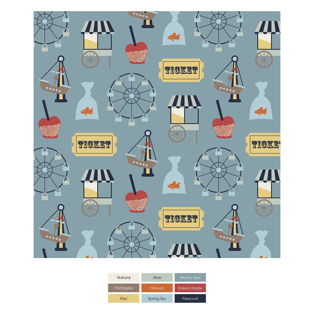 Ferris wheel, ticket booth, and apple candy pattern on a blue background