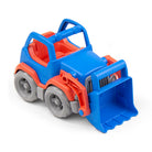 Toy bulldozer with blue and orange colors on a white background