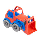 A children's plastic toy construction vehicle with a bright orange body, blue cabin and arm details, gray wheels, and an orange front bucket, shown on a plain white background.