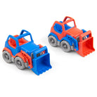 Two toy construction vehicles, one blue and one red, on a white background