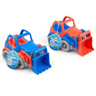 Two toy bulldozers, one blue and one red, on a white background with tags attached.