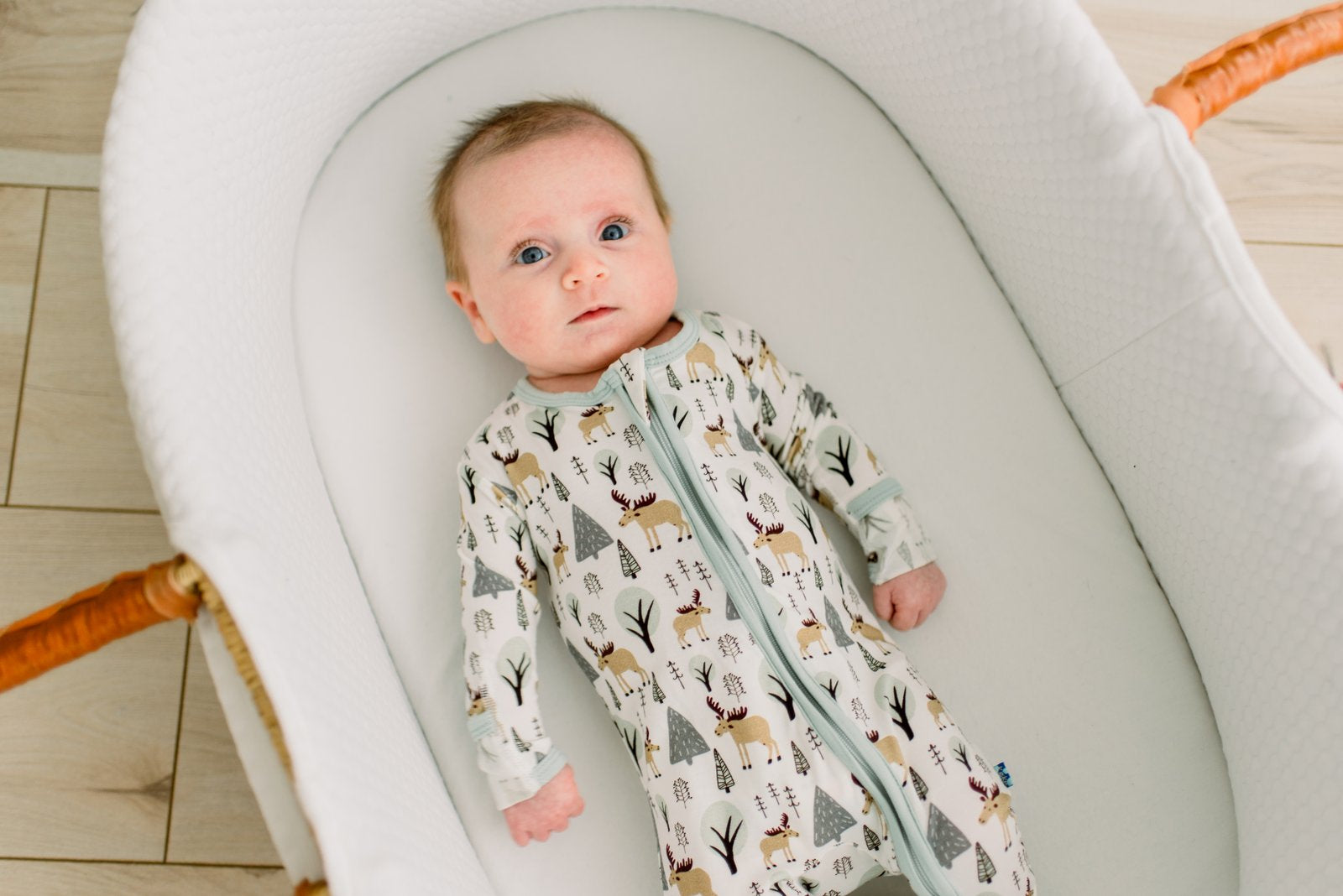 A baby lying in a white bassinet, wearing a long-sleeve zip-up sleep sack with a woodland animal print and light blue trim.
