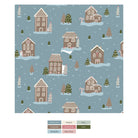 Pattern of gingerbread houses and trees on a blue background with color swatches below.