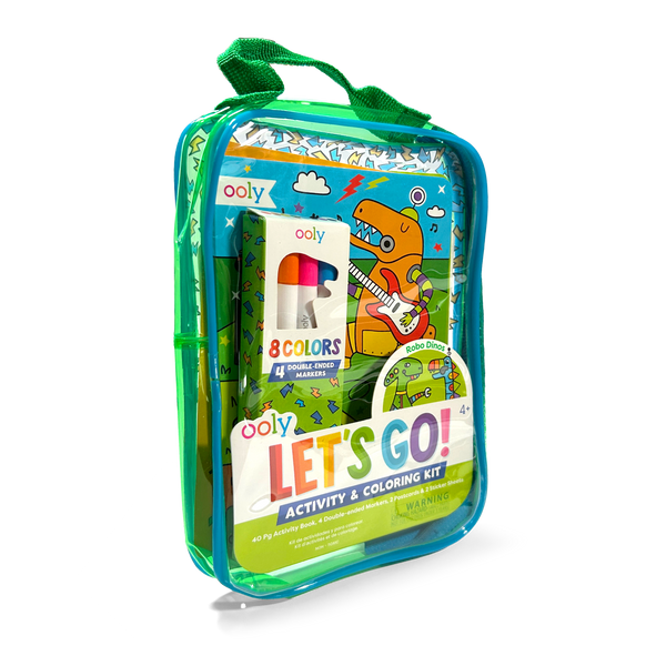 Ooly 'Let's Go!' activity and coloring kit with markers and books in a clear plastic bag on a white background.