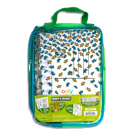 Ooly brand plastic zippered storage case with a green handle, containing a white coloring book with blue and yellow lightning-bolt patterns and a green product information label at the bottom.
