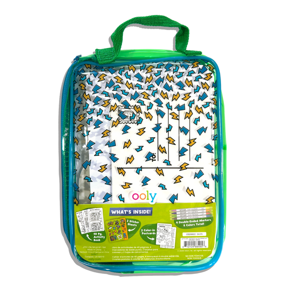 Ooly brand plastic zippered storage case with a green handle, containing a white coloring book with blue and yellow lightning-bolt patterns and a green product information label at the bottom.