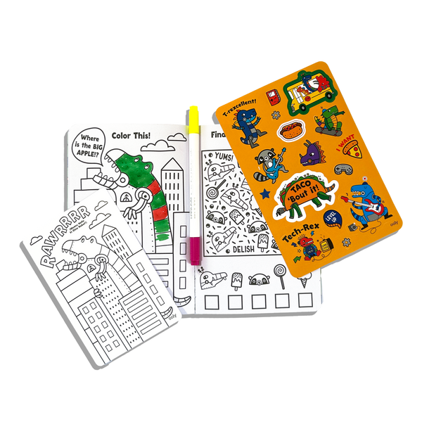 Coloring book with stickers and a marker on a white background