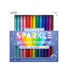 A set of Rainbow Sparkle Glitter Markers by OOLY, featuring 15 markers with glittery shimmer in a variety of colors, packaged in a box with a clear plastic front showing the colors.