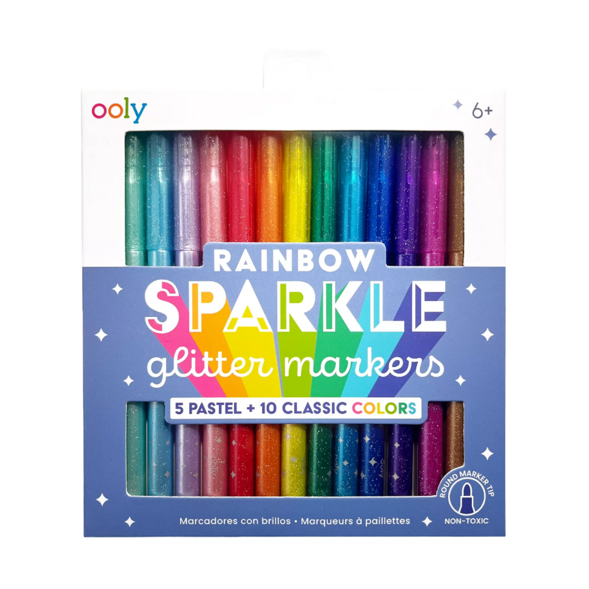 A set of Rainbow Sparkle Glitter Markers by OOLY, featuring 15 markers with glittery shimmer in a variety of colors, packaged in a box with a clear plastic front showing the colors.