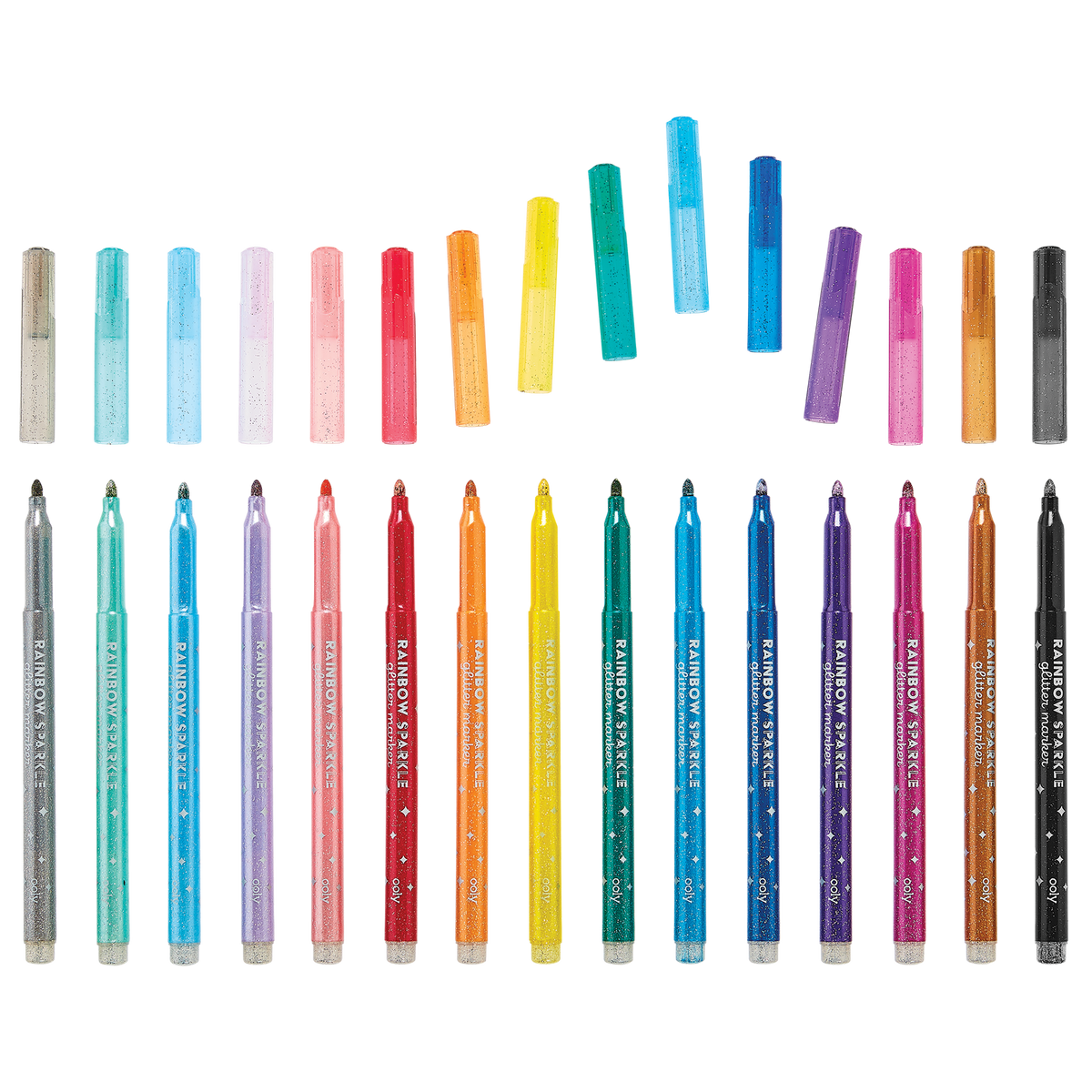 Set of colorful markers arranged in a grid on a white background