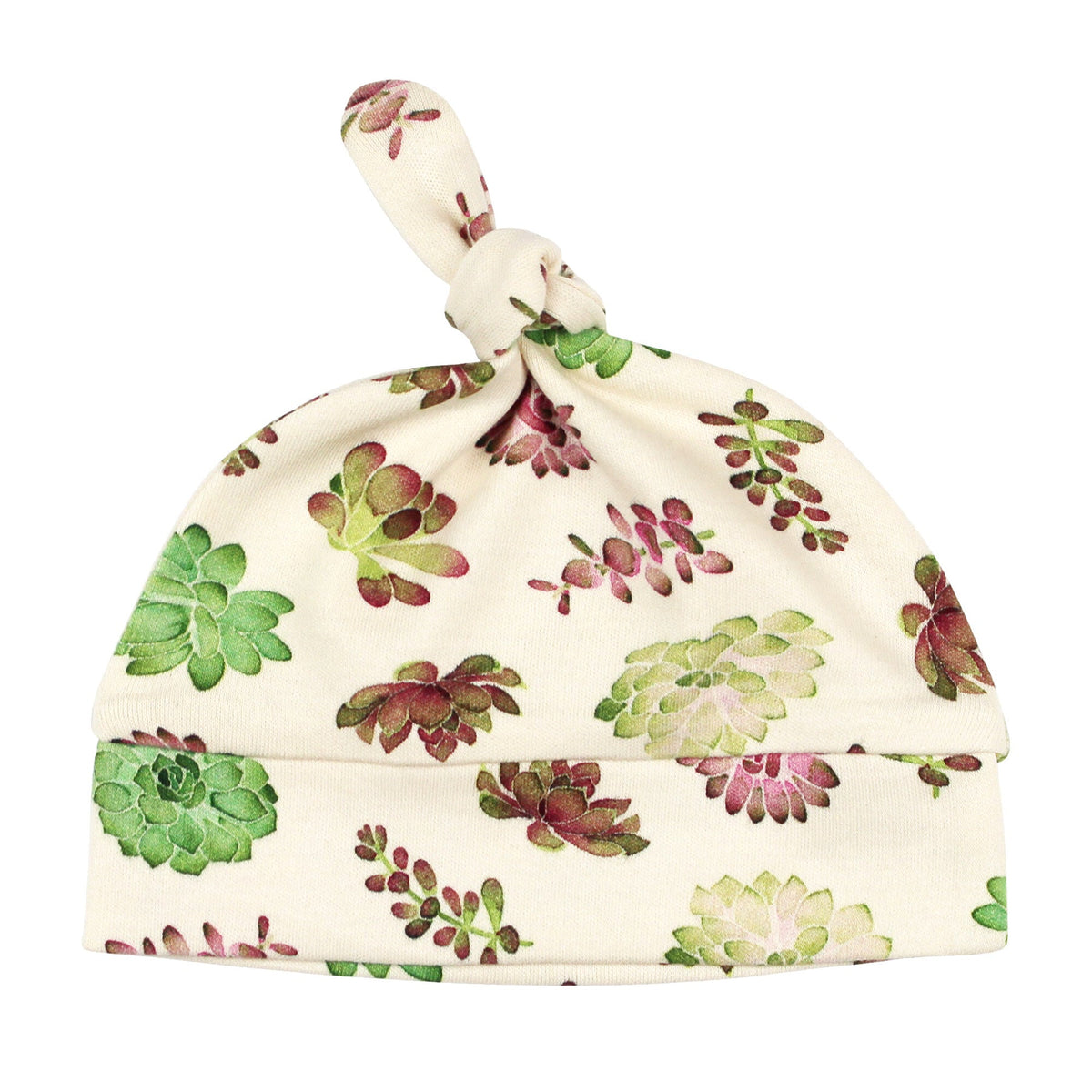 Baby hat with succulent pattern on a white background