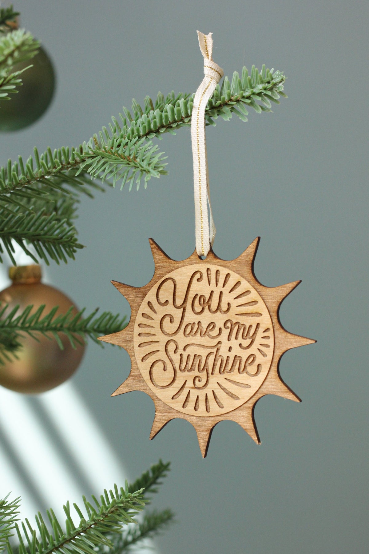 Decorative ornament with 'You are my sunshine' text hanging on a Christmas tree.