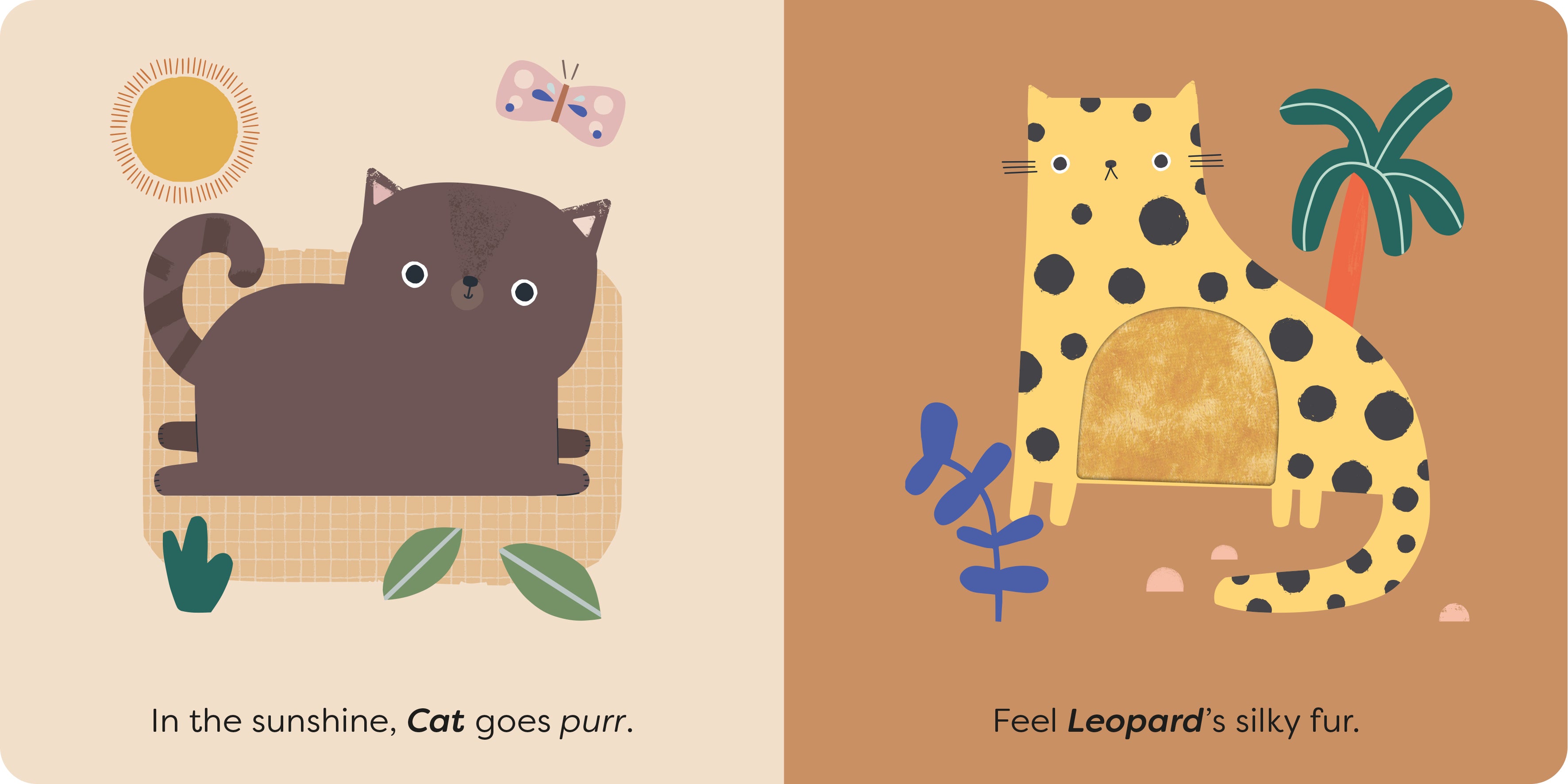 A children's book or card spread with two illustrated animal scenes: a dark brown cat on a beige background on the left, and a yellow spotted leopard on a tan background on the right, with simple text at the bottom.