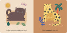 A children's book or card spread with two illustrated animal scenes: a dark brown cat on a beige background on the left, and a yellow spotted leopard on a tan background on the right, with simple text at the bottom.