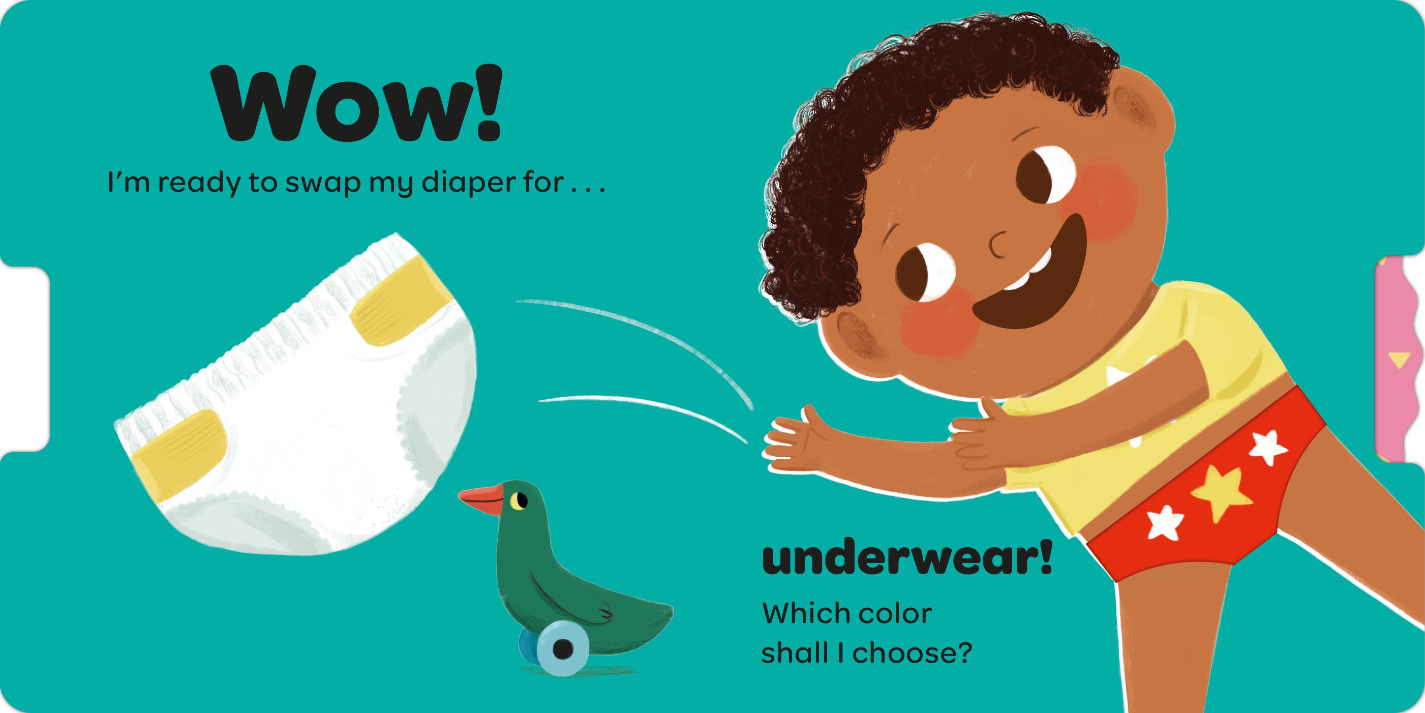 Children's book page with a child in underwear and a diaper, on a teal background.