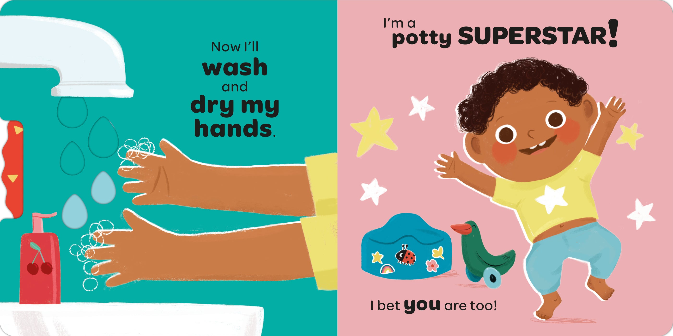 Children's book with illustrations of hands washing and a child celebrating potty training.