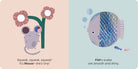 A children's book or card-style illustration with two illustrated panels and text. The left panel shows a small gray mouse under two pink flowers on a pale peach background, with the text 'Squeak, squeak, squeak! It's Mouse—she's tiny!'.