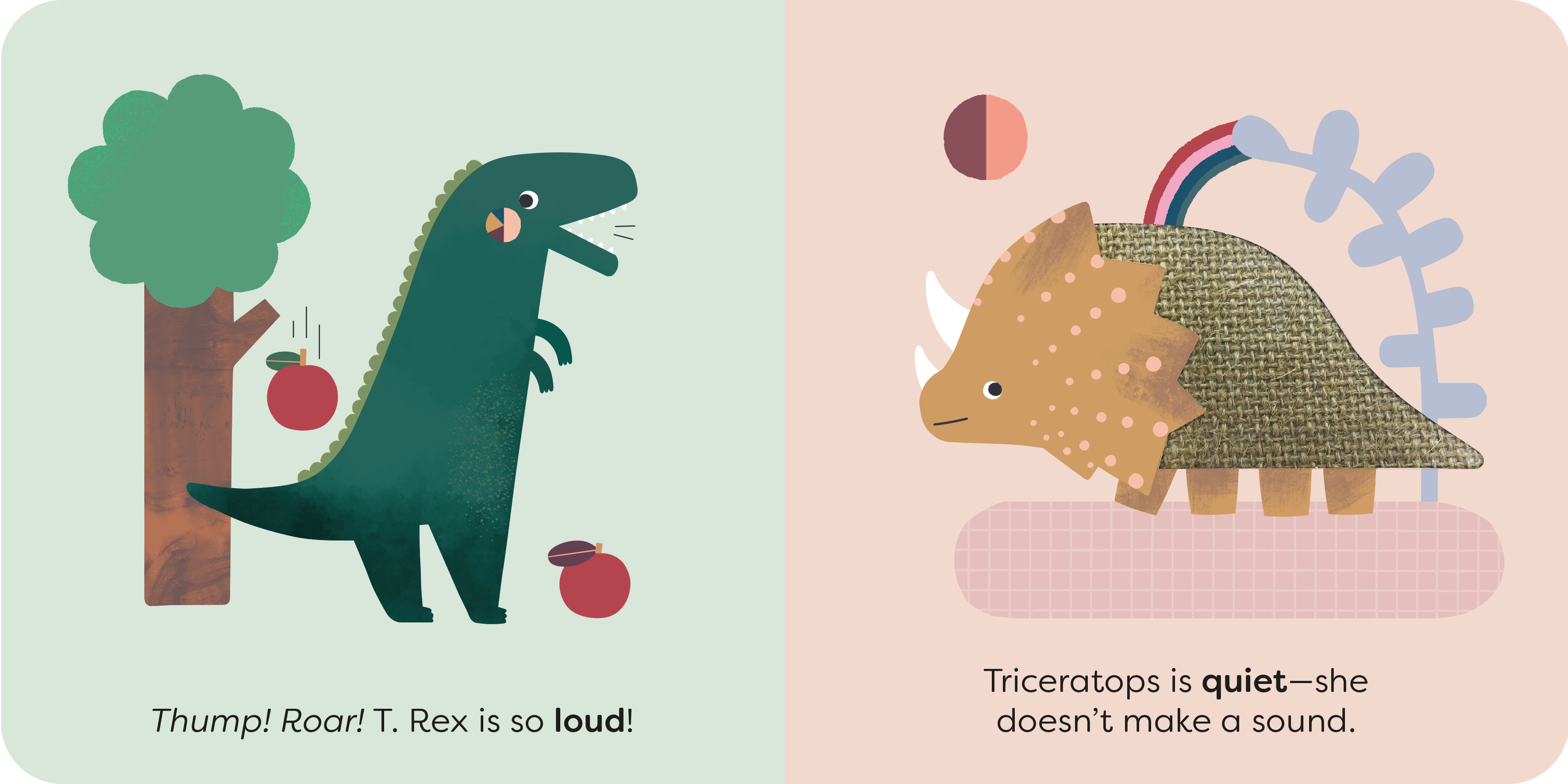 A children's book or card page with two illustrated dinosaur scenes and text. The left panel shows a green T.