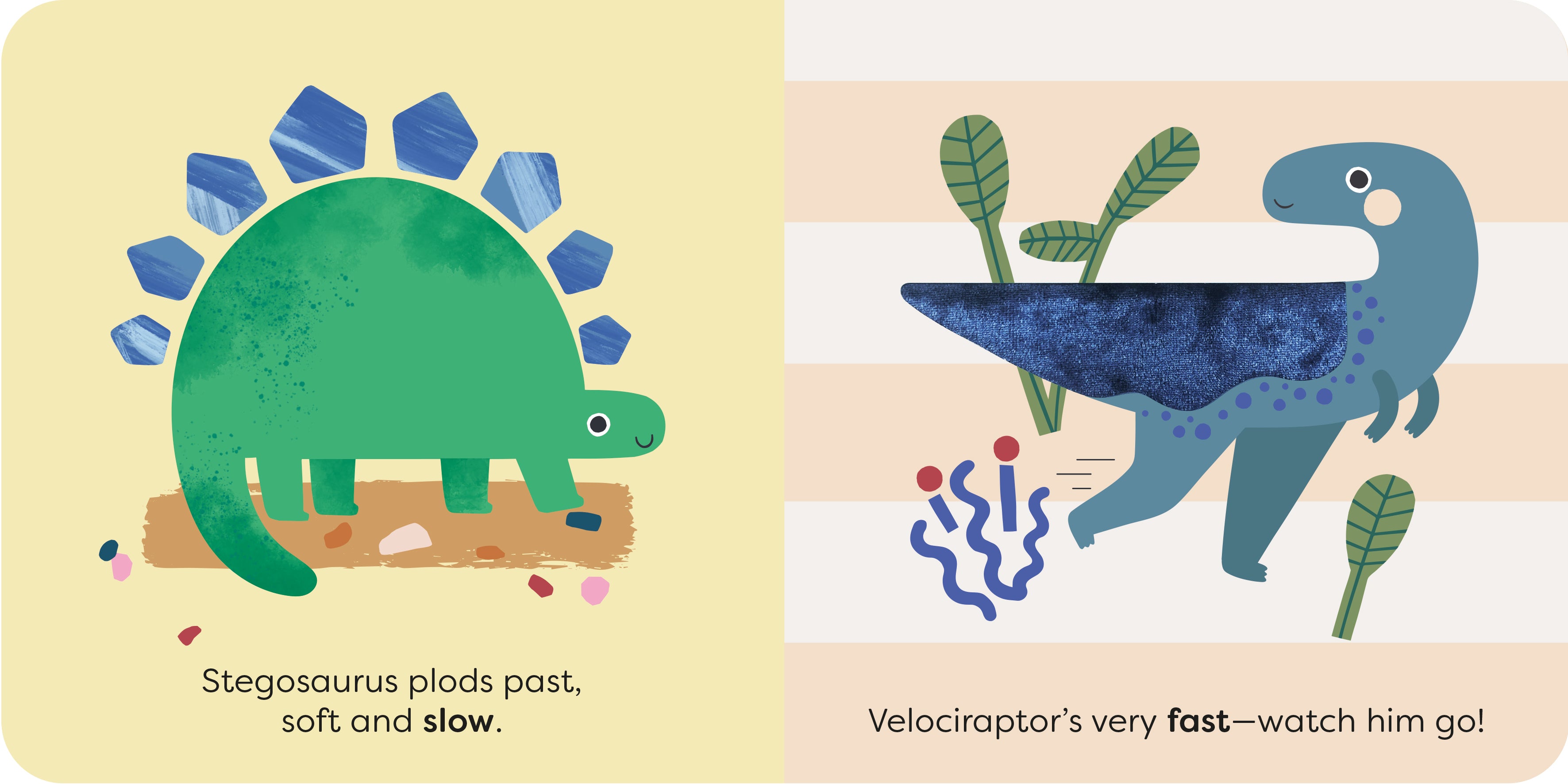 A children's educational illustration showing two dinosaurs side by side on a light beige background. On the left, a green Stegosaurus is labeled 'Sagegreen pool fish - see above.