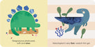 A children's educational illustration showing two dinosaurs side by side on a light beige background. On the left, a green Stegosaurus is labeled 'Sagegreen pool fish - see above.