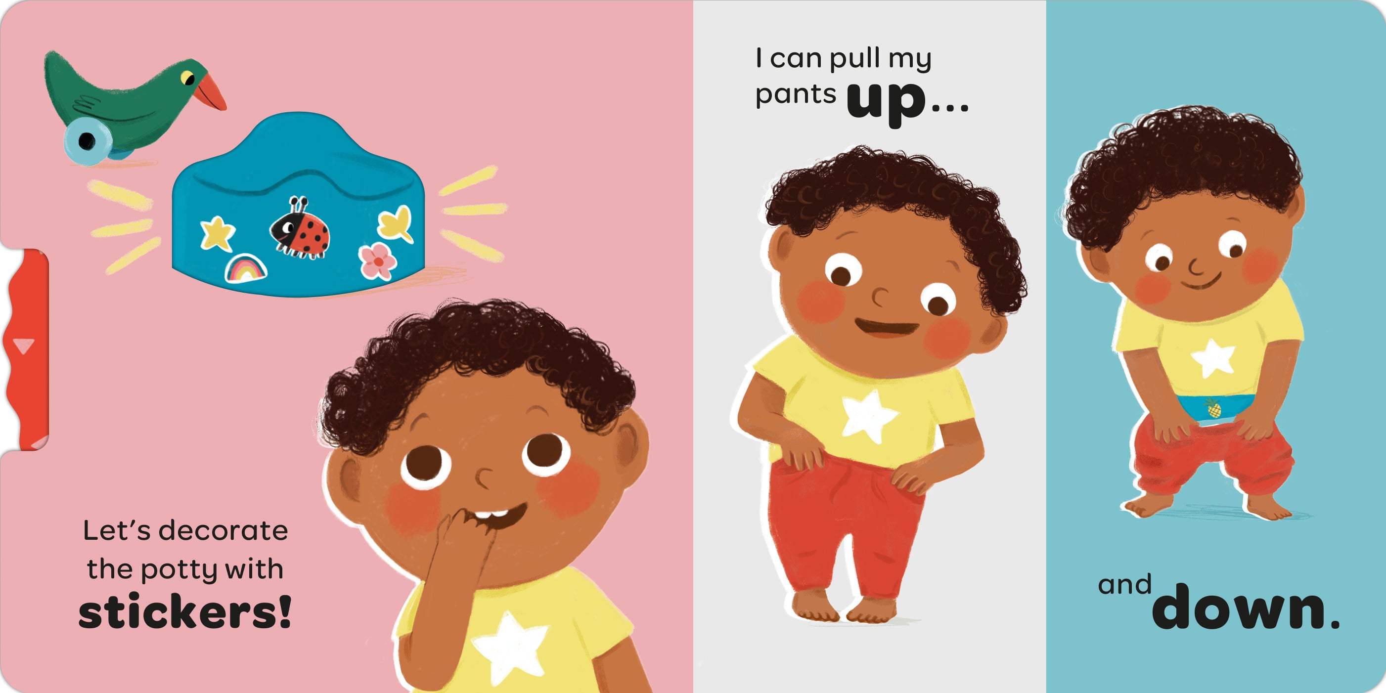 Children's book page with a child character and stickers on a pink and blue background
